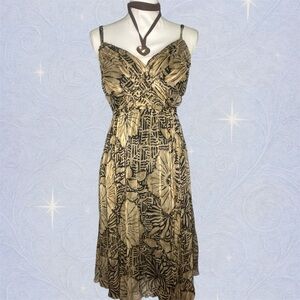 Y2K Silk Boho Midi Dress Brown Leaf Print Robbie Bee Size 6 Vacation Style